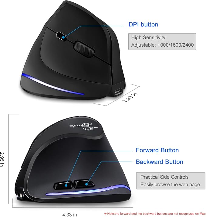 TRELC Ergonomic Mouse, 2.4G Wireless Vertical Optical Mouse with Adjustable Sensitivity (1000/1600/2400 DPI), 6 Buttons for PC, Desktop, Laptop, Notebook (Black)