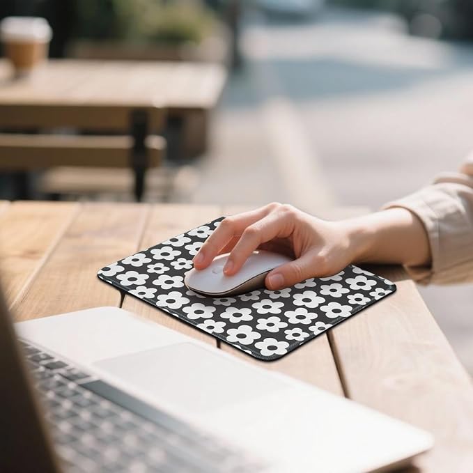 Mouse Pad for Desk with Stitched Edge, Premium Cute Washable Mouse Pads. Computer Mousepad with Non-Slip Rubber Base, Mousepads for Laptop, 9.25x7.75x0.12 inch (White Flowers)