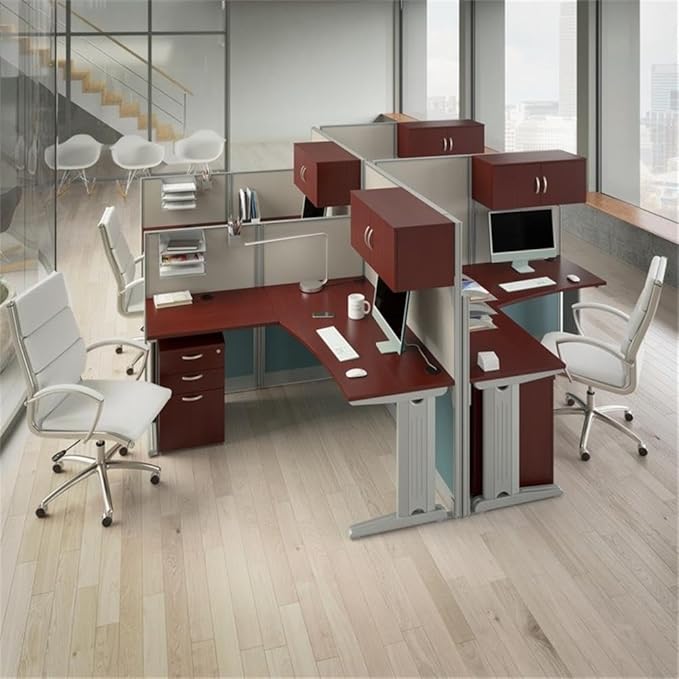 Bush Business Furniture Office in an Hour 65W L Shaped Cubicle Desk with Storage, Drawers, and Organizers in Hansen Cherry | Modern Computer Table Set with Privacy Panels for Commercial Workspace