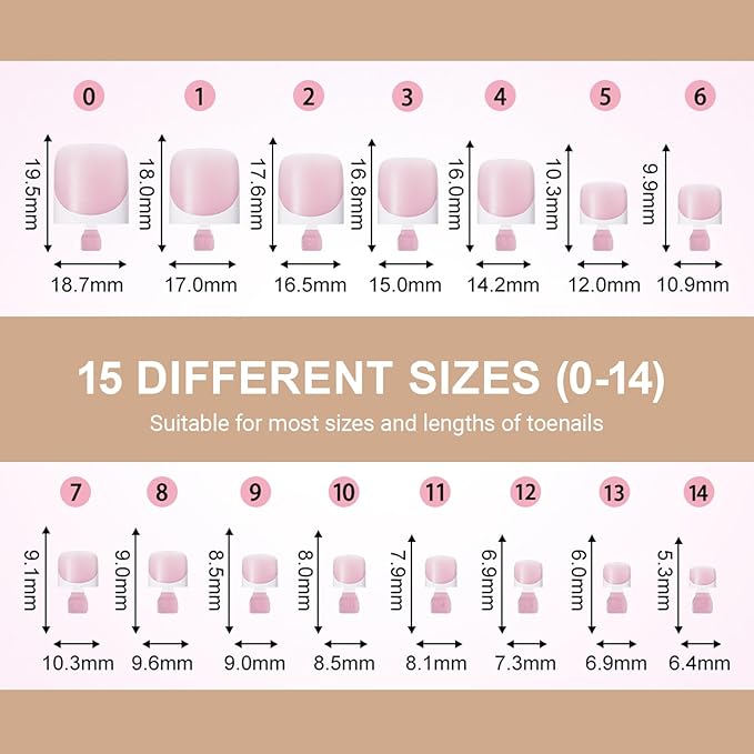 Toe Nail Tips, Brown Soft Gel Press On Toenails, 150Pcs Short Square French Toenail Full Cover Press On Fake Toe Nails Salon Home DIY 15 Sizes