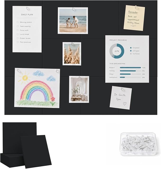48" x 36" Decorative Bulletin Boards, Large Cork Board Alternative | 50 Pushpins, 60 Adhesive Tabs, Solid-Tile 12-Pack Felt Wall Tiles, Cork Boards for Office Push Pin Board Felt Board, Black | 50 Pushpins, 60 Adhesive Tabs, Solid-Tile 12-Pack Felt Wal...