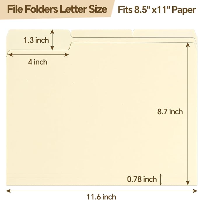 File Folders,100 Pack Manilla Folders 8.5x11,1/3 Cut Tabs Manila File Folders Letter Size for Easy Labeling and Organization,Vanilla Folders Great for Documents Home School Classroom Office Supplies