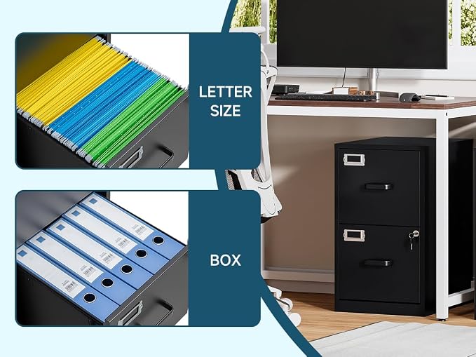 MIIIKO 2 Drawer Filing Cabinet with Lock, Metal Vertical File Cabinets for Home Office, Lockable File Storage Cabinets Under Desk, Letter/A4 File Folders Storage(Assembly Required)