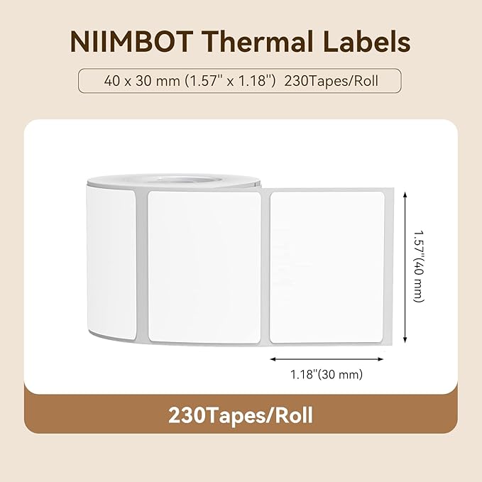 NIIMBOT Labels for B1/B21/B31 Label Maker, 40 x 30 mm (1.57'' x 1.18'') 230 Tapes/Roll, Thermal Label Tape, Waterproof, Oil-Proof for Home Office Small Business Labeling Tape Replacement(White)