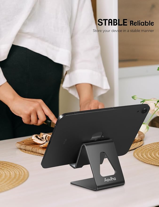 Aoviho Cell Phone Stand for Desk, Aluminum Phone Holder, Black | Built to Last, Hands-Free Viewing, Fits iPhone 17/16/15 Series & Samsung Galaxy, Ideal for Home & Office