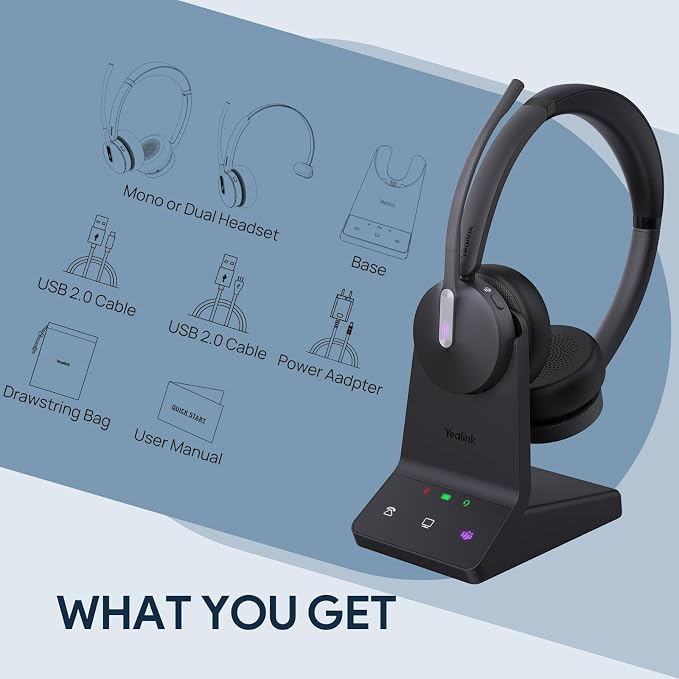 Yealink WH64 Dual UC DECT Bluetooth Wireless Headset for Phone PC Cellphone | Zoom Certified Stereo Headphones, 606ft Long Range, 3X Noise Canceling Mic, 32H Talk Time, Mute Botton for Office Call Center