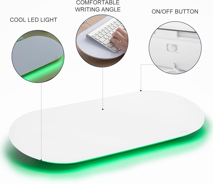 Glass Desktop Whiteboard - 17 X 7 Inches Small Dry Erase Board with Green Light, Glass White Board Surface Notepad with 1 Drawer, Desk Organizers for Office, Home, School Supplies