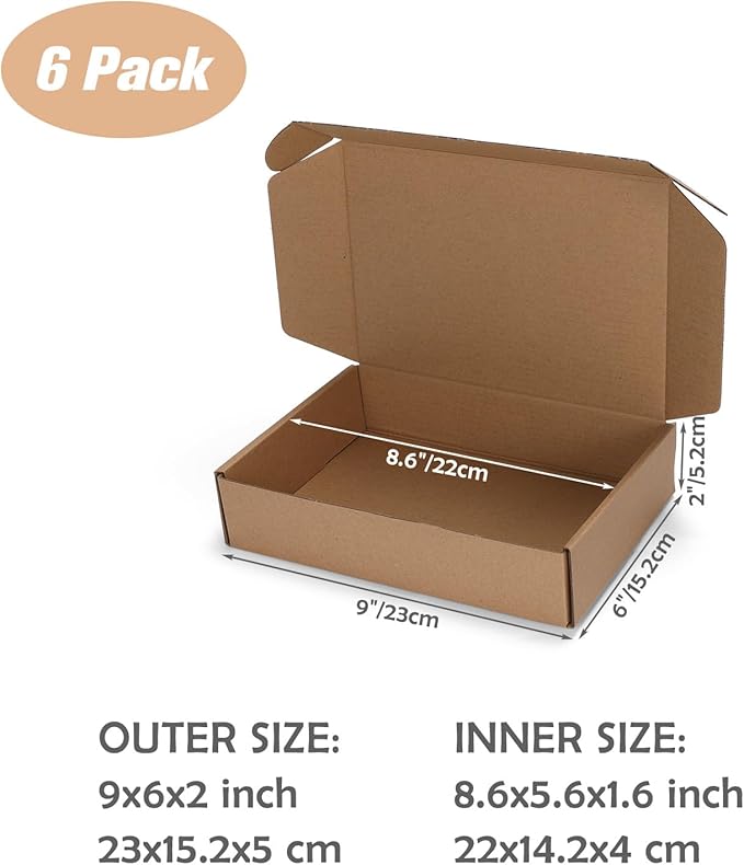 9x6x2 inch Shipping Boxes Set of 6 Brown, Inner Size 8.6x5.6x1.6 inch Cardboard Box Mailers for Small Business Packaging Mailing or Gift Wrapping Giving