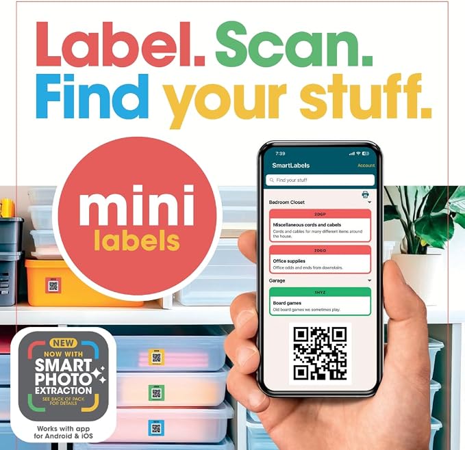 SmartLabels Small QR Code Stickers | Mini 1.5-Inch Labels with AI Photo Analysis App | Auto-Create Item Descriptions | No Typing | US-Made | Storage, Inventory Tracking, Organization & Moving, 48-Pack