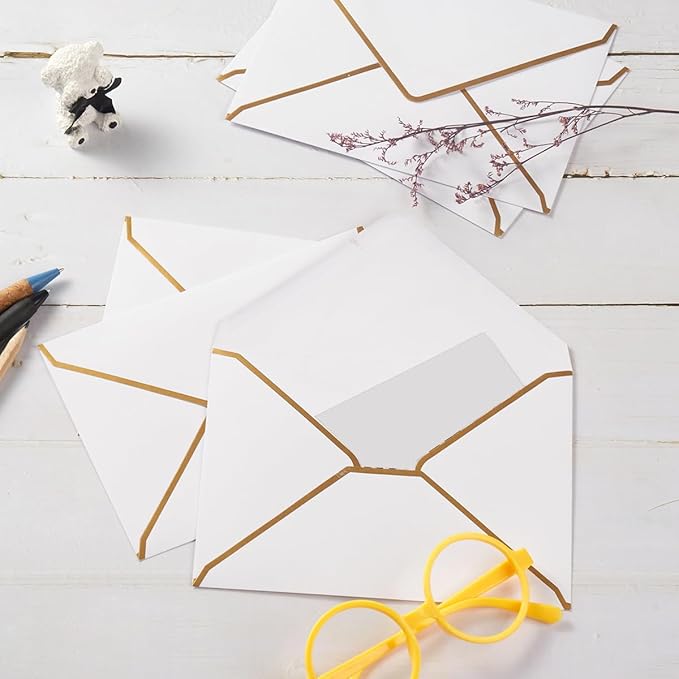 50 Pieces White A4 Envelopes with Gold Border, 4.25x6.25 Inches Envelopes with Gold Stickers for Greeting Cards and Invitation (A4-4x6)
