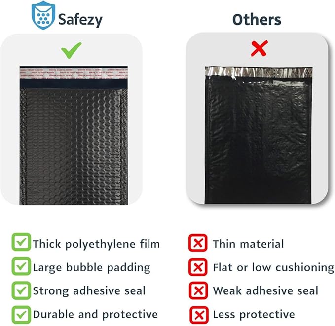 Poly Bubble Mailers 6x10 Inches – Black Self-Seal Padded Shipping Envelopes, Usable Size 6x9, Bubble Mailer Bags for Small Parcels, Jewelry, Cosmetics & Phone Accessories – 50 Pack