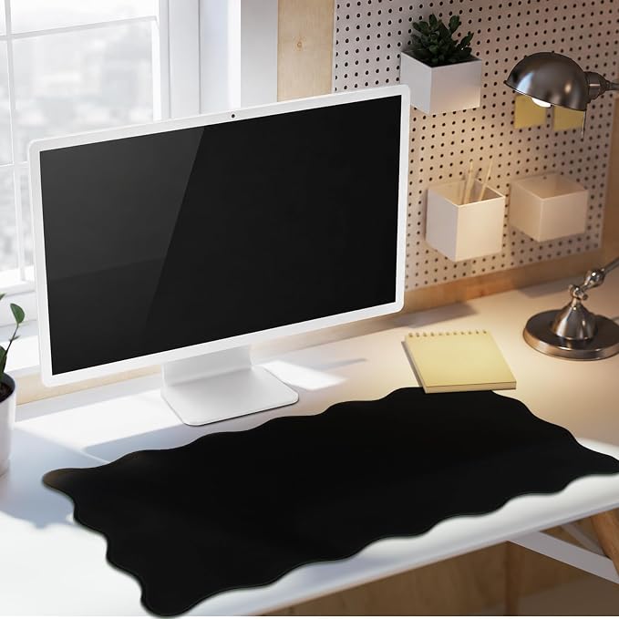 Hahafelt Scalloped Desk Mat Waterproof,Black,31.5 X 15.8 Inches | Coquette Preppy Style for School Office Makeup Vanity, Nonslip Gaming Desktop Protector with Scalloped Stitched Edge Mat
