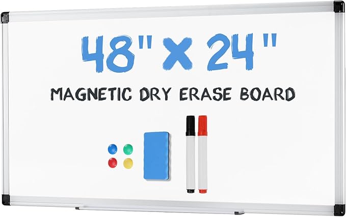 OLIXIS 24" x 48" Magnetic White Board, Dry Erase Board for Wall 24" x 48", Whiteboard with 1 Dry Eraser & 2 Multicolor Markers & 4 Magnetic Pins, Aluminium Frame for Home, School, Office, White