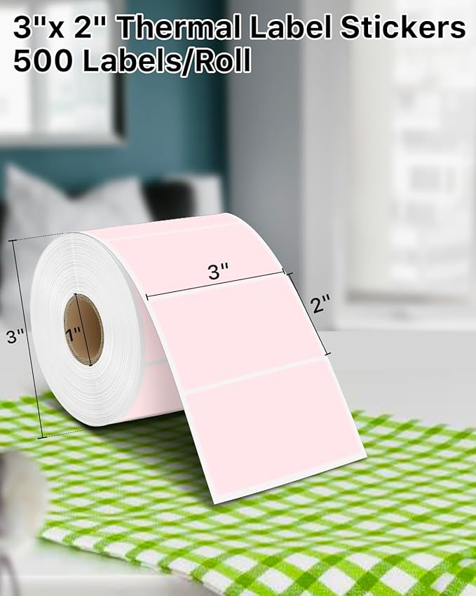 iEager 3" x 2" Thermal Labels, Rectangle Thermal Printer Stickers, Self-Adhesive Durable Sticker with Perforation Line, 500 Labels/Roll, Pink