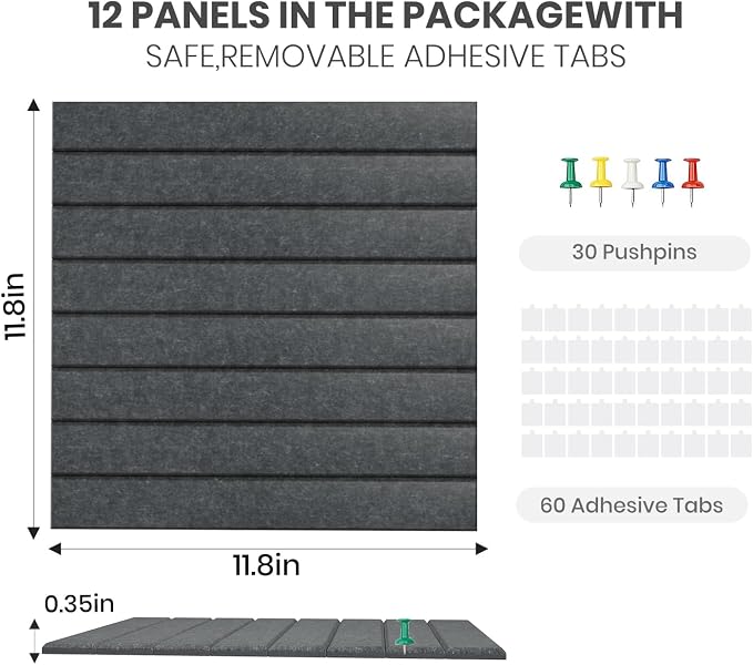 48" x 36" Large Felt Bulletin Board, Eight-Stripe Dark Gray | 12 Pack Cork Board Alternative with 30 pushpins, 60 Safe Adhesive Tabs, Pin Boards for Wall Decor, Home, Office, Classroom