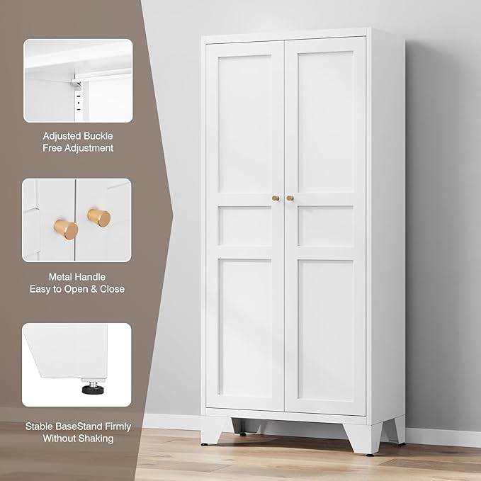 Yizosh Metal Storage Cabinet with 2 Doors and 4 Adjustable Shelves - 61" White Kitchen Pantry Storage 5-Tier Tall Steel Cabinets Locker for Kitchen, Living Room, Dining Room