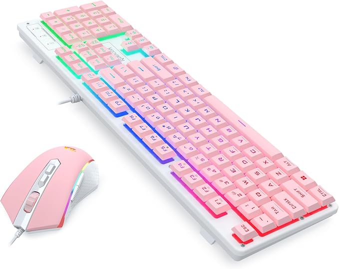 Redragon Updated S107WP Gaming Keyboard and Mouse, RGB Gaming Keyboard and 10000 DPI Mouse Combo with 25-Key Anti-Ghosting, 1K Hz Programmable Mice with Software, Plug & Play to PC, Laptop - Pink