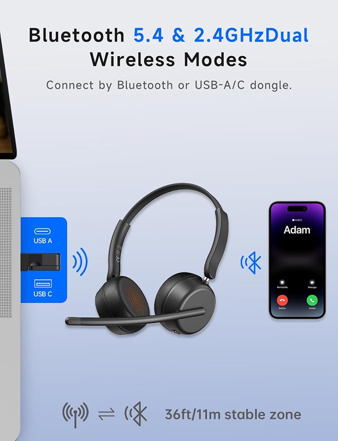 AOC Wireless Headset with Mic for Work, Bluetooth 5.4 Headphones-Dark Black | AI Noise-Canceling Mic for Clear Calls, Computer Headset with Mic Mute & USB A/C Dongle for PC, Computer, Laptop