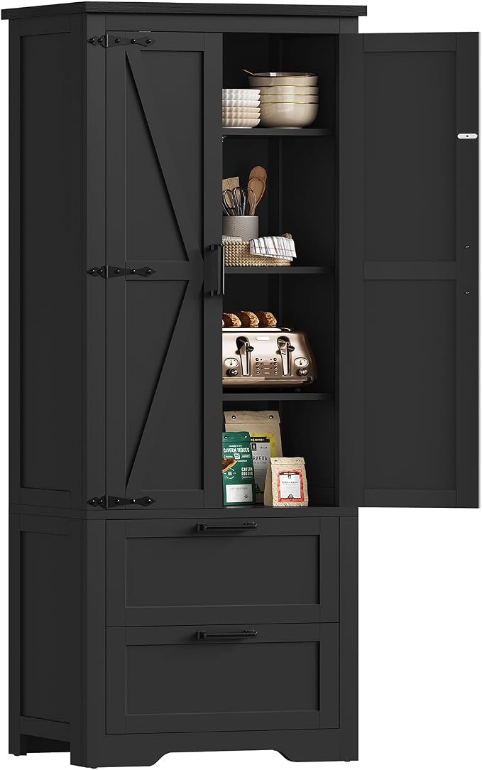 66.1" H Storage Cabinet, Farmhouse Kitchen Pantry Cabinet with 2 Drawers & Adjustable Shelf, Bathroom Cabinet, for Living Room, Kitchen, Bathroom, Black