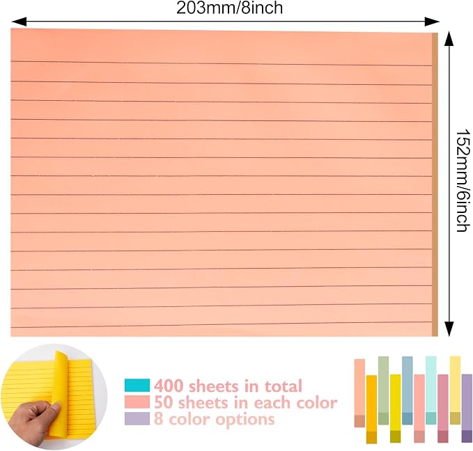 400 Sheets Lined Sticky Notes 8x6in Large,No Ink Bleed-Through,Home/School | 50 Sheets/pad Ruled Giant Post Stickies,Smooth Writing,8 Pack Extra Bright Self Sticky Super Memo Pads for Students Office