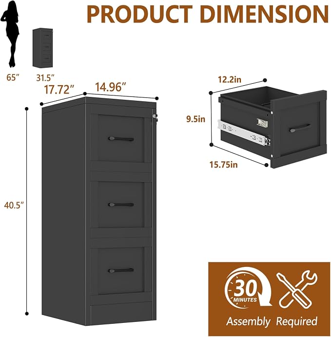 3 Drawer Metal File Cabinet with Lock,Narrow Vertical Filing Storage Cabinets,Steel File Organization for Legal/Letter/A4/F4 Size with Hanging Files,Lockable File Folders for Home Office, Black