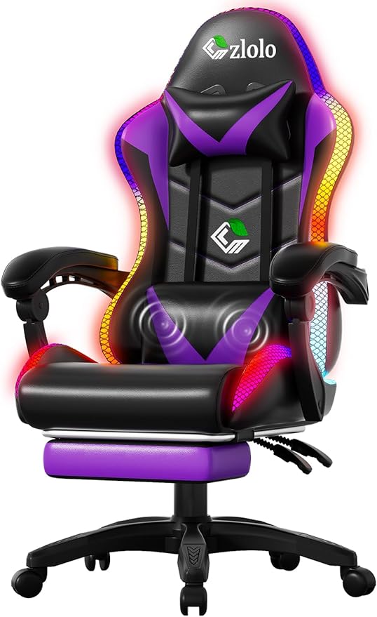 Gaming Chair, RGB LED Lights Computer Chair with Footrest, Lumbar Support Massager Gamer Chair, High Back, 90-135° Reclining, Linkage Armrests, Purple