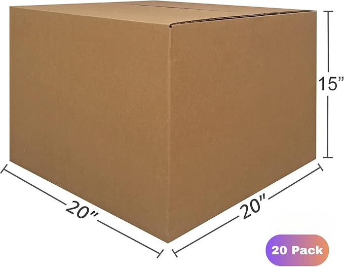 Large Moving Boxes 20x20x15 Inch | Kraft Corrugated Cardboard Boxes for Packing, Moving and Storage, Multi Purpose Use| Single-Wall, 65 lbs Capacity (Pack of 20)