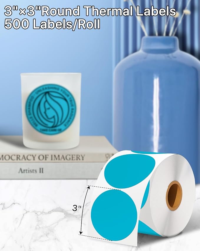 3 Inch (76.2mm x 76.2mm) Round Thermal Printer Label Stickers Self-Adhesive Circle Convenient Multi-Purpose Blank 3" Sticker Roll for Family Classification, Gift Sealing, Blue (500Pcs)