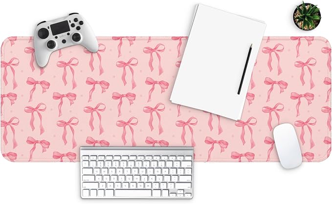 MAY FLOWER Gaming Mouse pad, Large Laptop Mousepad, Full Keyboard Mat, Long Computer Mouse Mat for Home and Office, Anti-Slip Rubber Base, 31.5 x 11.8 Inches (Pink Bow)