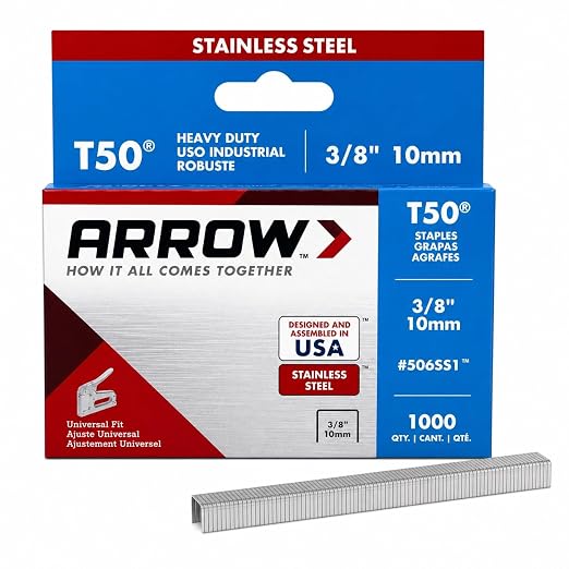 Arrow Fastener 506SS1 Heavy Duty T50 Stainless Steel Staples for Upholstery, Construction, Furniture, Crafts, 3/8-Inch Leg 3/8-Inch Crown Size,Length, 1000 Count (Pack of 1) | Heavy Duty Stainless Steel Staples for Upholstery, Construction, Crafts, Fit...