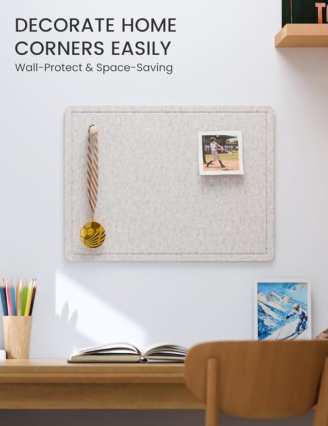 Fluxynara 23.6" x 17.1" Bulletin Board, Light Gray | Cork Board Alternative with 12 Removable Adhesive Tabs, Foldable Felt Pin Board for Home, Office, Classroom & Dorm