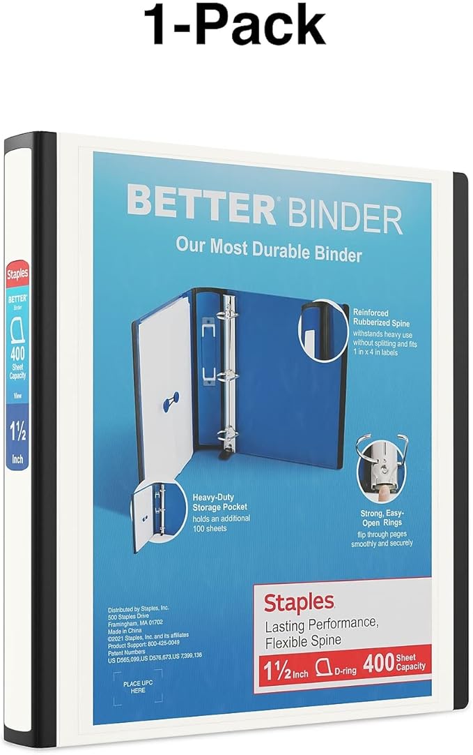 Staples Heavy-Duty 1.5-Inch D-Ring Binder – Large Capacity 3-Ring Binder with Pockets & Spine Label for School & Office