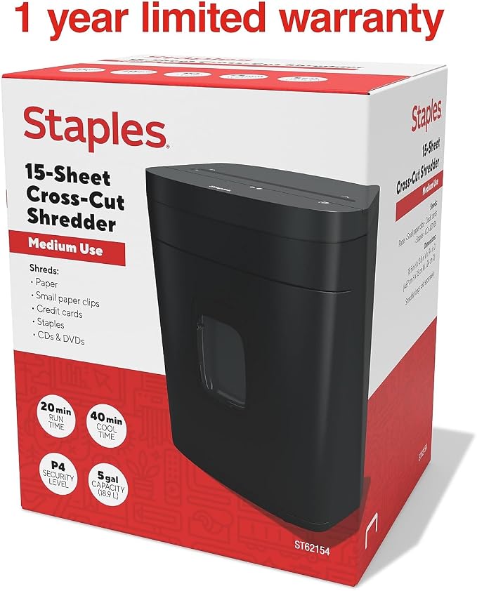 Staples 15-Sheet Cross-Cut Paper Shredder, P-4 Security, Black | Quiet 65 dB operation shreds paper, cards, and CDs. 5-gallon bin, auto start/stop.