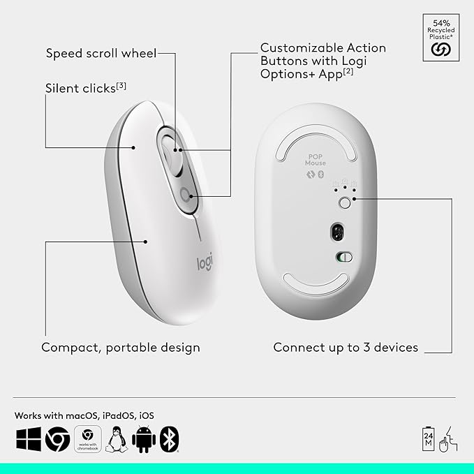 Logitech POP Mouse, Compact and Portable Wireless Bluetooth Mouse with Programmable Buttons and Quiet Clicks, Easy-Switch Between up to 3 Devices, Laptop, Tablet, PC - Off-White