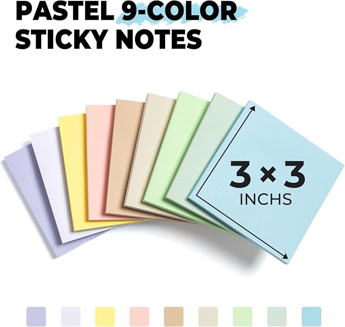 M&G 18 Pads Sticky Notes 3x3 Inch, Self Sticky Notes 9 Soft Pastel Colors, Easy to Stick Self-Stick Note Pads, Office and School Supplies for Home, Desk, and Notebook Use, 50 Sheets/Pad