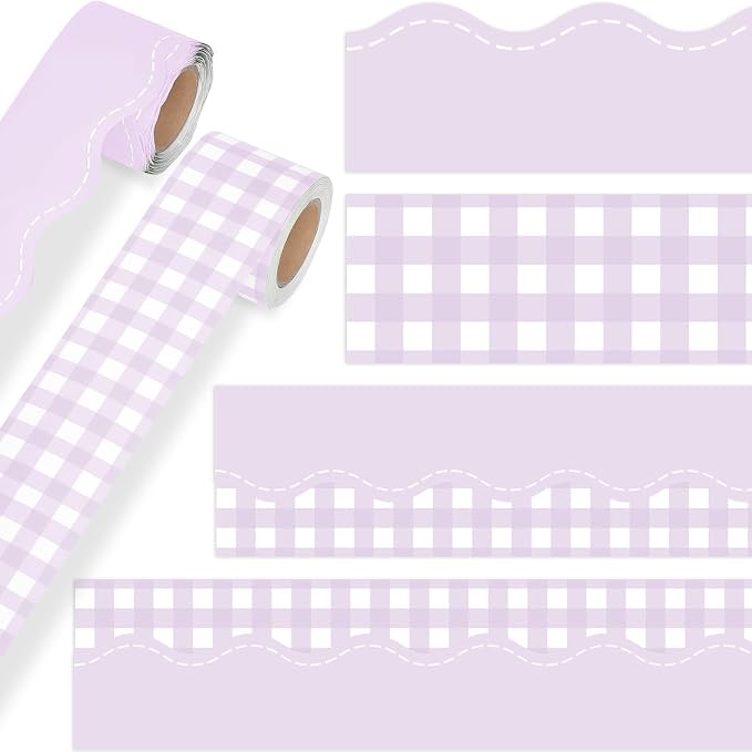 2 Rolls 65.6ft Macaron Purple Gingham Bulletin Board Borders Decoration Purple Checkered and Straight Edge Bulletin Borders Board Trim for Office School Classroom Chalkboard Party Decoration