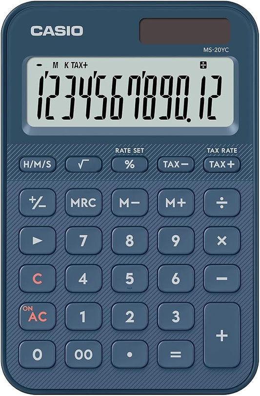 CASIO MS-20YC small desktop calculator with time calculation, navy blue