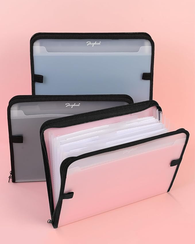 SKYDUE Accordion File Organizer, 7 Pocket Expanding File Folder with Front Pocket, Important Document Organizer with Double Zipper, School Office Supplies，Pink Folder