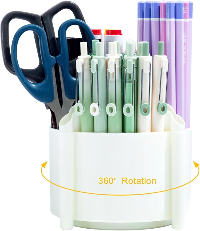 M&G 360 Degree Rotating Desk Organizer, 4 Slot Pencil Holder with Stickers, Multi-Purpose Cute Pen Pencil Cup for Make Up Brush Office School Home (White)