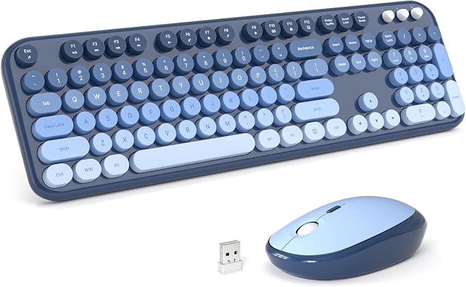 Wireless Keyboard Mouse Combo - Lovely SkyBlue-Gradient Rainbow Full-Sized Typewriter Colorful Keyboards, Round Keycap Plug Play Retro Cute Keyboards for Windows, Laptop, PC, Desktop, Computer
