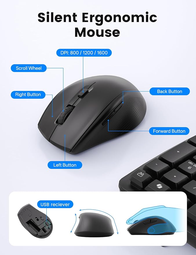 Wireless Keyboard and Mouse Combo, SABLUTE MA41 30dB Quiet Ergonomic Wave Keyboard Set with Soft Leather Palm Rest, Dual-System Switch for Windows/Mac, Ideal for Business Teams Home Office | Soft Leather Memory Foam Wrist Rest, 2.4GHz Wireless, UAB-A &...