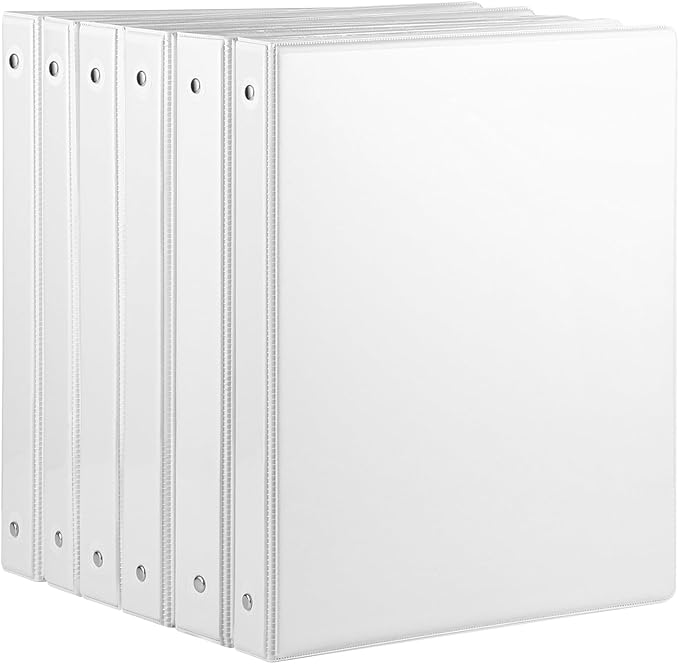 3 Ring Binder, 6 Pack 1 Inch Binder with 2 Interior Pockets & Clear View Overlay, Large Capacity, 1 Inch Binders 3 Ring, Round Ring Binders for Office, School, Home (White)
