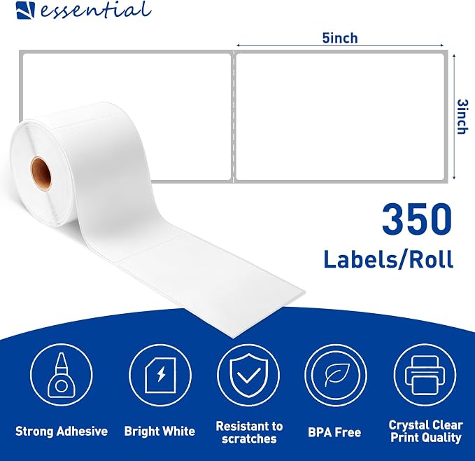 ESSENTIAL 3" x 5" White Direct Thermal Labels for Barcodes, Address | Permanent Adhesive, Shipping Labels, Compatible with Zebra, Rollo and Other Desktop Printers, 350 Labels of Roll, 8 Rolls