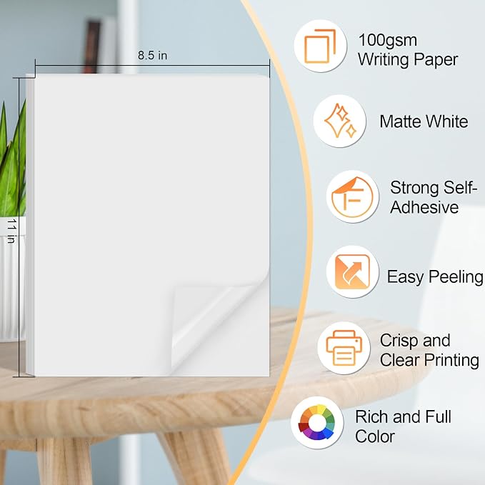 Printable Sticker Paper for Inkjet Printer, 40 Sheets 8.5"x11'' Matte Sticker Printer Paper Full Sheet Labels for Laser/Inkjet Printers, Letter Size (Pack of 3)
