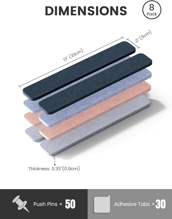 Cork Board Alternative Felt Strip Board 8-Pack 13"x2", Office Pin Board with 50 Push Pins, Adhesive Install for Bedroom Door & Home Office(Heather Grey)