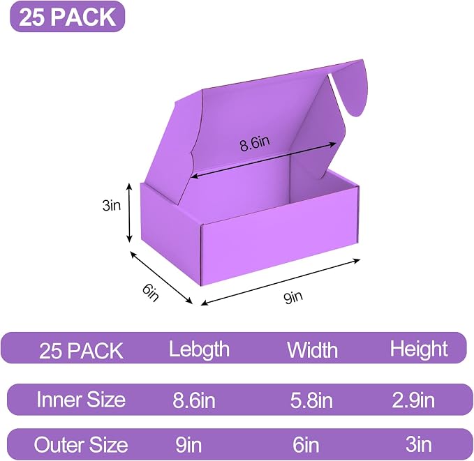 25 Pack Small Shipping Boxes Purple Corrugated Cardboard Box 9x6x3 inches，Corrugated Box for Packaging Small Business,Mailing Packing Literature Mailer,Shipping Gift Boxes