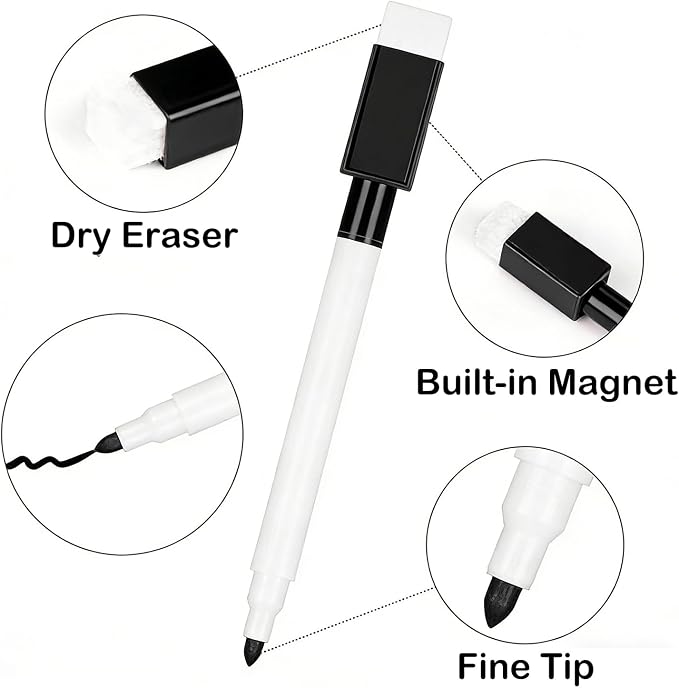 26 Pcs Black Magnetic Dry Erase Markers, Small Dry White Board Markers Fine Point Tip Nwith Eraser Cap for Teachers Office School Supplies