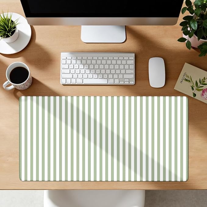 Sage Green Striped Desk Mat Cute Pastel XXL Large Gaming Mouse Pad Desk Pad Kawaii Aesthetic Home Office Decor Cozy Keyboard Laptop Computer Mat