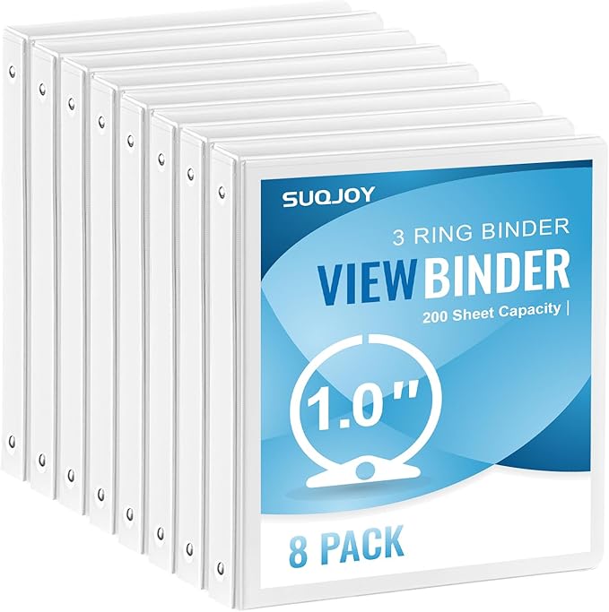 Durable 1-inch 3-Ring Binder, 1 Inch Round Ring Binder with 2 Inside Pockets, 8 Pack White Binder, Clear View Cover Binder Holds 8.5'' x 11''Paper for Office/Home/Back to School