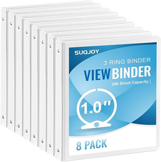 Durable 1-inch 3-Ring Binder, 1 Inch Round Ring Binder with 2 Inside Pockets, 8 Pack White Binder, Clear View Cover Binder Holds 8.5'' x 11''Paper for Office/Home/Back to School